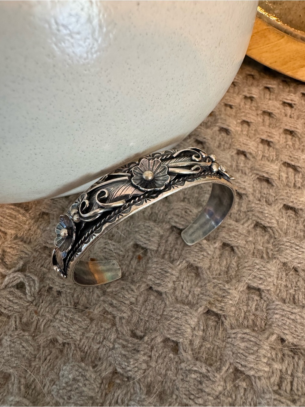 Handcrafted Silver Floral Cuff Bracelet - Silver